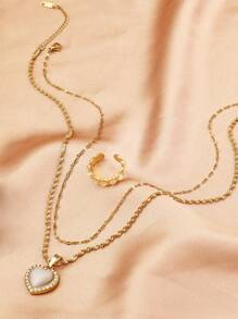 3 Pieces Fashionable Delicate Stainless Steel 18k Gold Plated High Quality Heart Diamonds Faux Pearls Pink Diamonds Necklace Set Summer Beach Jewellery Suitable For Women's Daily Wear Dating Engagement Wedding Holiday Gift Necklace Friendship Jewellery - 3 Heart Diamond Necklaces - View 9