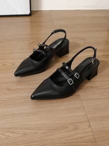 New Fashion Women's Black Thick Heel High Heels, Square Toe Mules Sandals, Summer Clearmary Janes Mid Heels