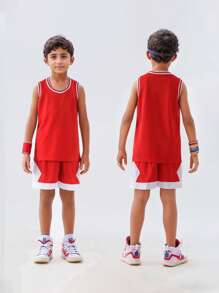 Set de uniforme de baloncesto infantil de 2 piezas, jersey de baloncesto personalizado, parte superior sin mangas de verano con número personalizado, conjunto de jersey rojo para niños, uniforme de equipo de competición de baloncesto, parte superior sin mangas con texto personalizado, jersey de baloncesto para niños y niñas, conjunto de baloncesto de verano para niños