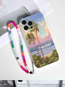 1 pieza Funda de teléfono antideslizante con pintura de olas de playa en TPU blanco y 1 pieza Correa de muñeca con cuentas de colores, compatible con iPhone/Fundas de teléfono a juego/Fundas de teléfono con cordón/Fundas de teléfono con pulsera/Fundas de teléfono divertidas/Fundas de teléfono Android///OPPO/Galaxy A51 4G/Galaxy A52/A52s 5G