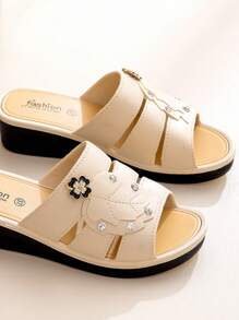 Wedge Platform Slip-On Sandals For Teens And Students, Leaf & Rhinestone Design, Paired With Floral Thick Bottom Mary Jane Shoes