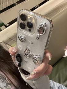 Cute 3D Makeup Mirror Bow Knot Epoxy Phone Case Compatible With IPhone 16 15 14 13 Pro Max Bling Soft Back Cover - Grey - View 1