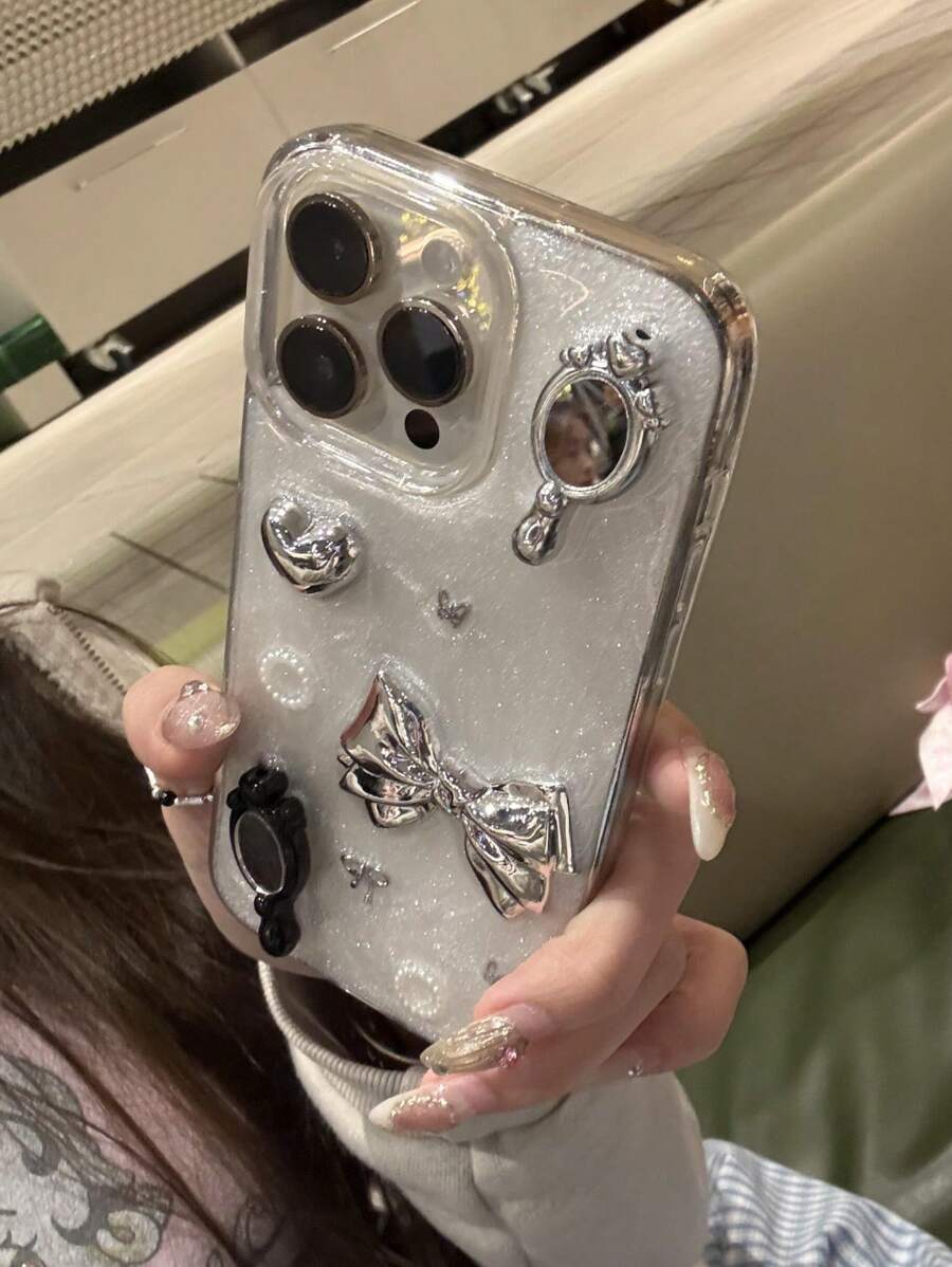 Cute 3D Makeup Mirror Bow Knot Epoxy Phone Case Compatible With IPhone 16 15 14 13 Pro Max Bling Soft Back Cover - Grey - View 1