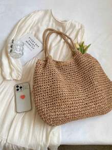 Fashion Large Capacity Holiday Beach Bag, Women Straw Tote Shoulder Bag, Casual Woven Shoulder Bag Suitable For Travel, Beach, Picnic, Great Gift For Ladies & Mothers, Summer Straw Beach Bag For Women, Vacation Essentials, Perfectly Matching With Beach Accessories Women, Fashion Summer Vacation Bag, Beach Essentials Women Bags For Vacation & Holiday, Perfect For Summer, Vacation & Beach, Hottest Beach Bags - Khaki - View 8