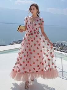 Vestido de mujer de manga burbuja en V profunda fresa, vestido de corbata, Seaside, Holiday - Rosa - Ver 5