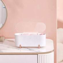 Desk Makeup Brush Holder, Clear Lidded Makeup Pad Storage Box, Makeup Sponge & Clean Swab Organizer