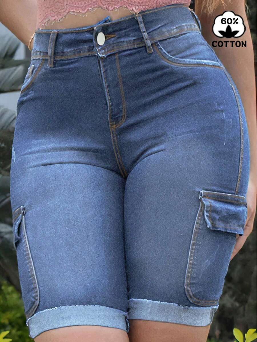 女士休闲牛仔工装短裤夏季款 - 藍色 - 查看 1