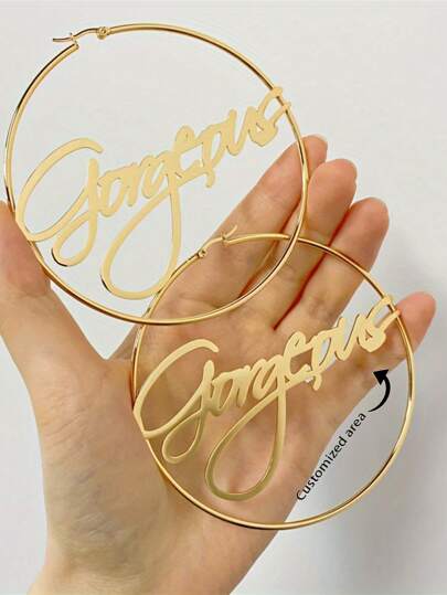 Custom 70mm Stainless Steel Personalized Name Plate Hoop Earrings - Elegant & Sexy 18K Gold Plated, Large Statement Hoops, Great For Everyday Wear And Gifting, Thanksgiving Accessory, All-Year-Round, School Supplies, For Teenagers, Junior High School Students, Middle School Students, High School Senior High School Students, College Students, University Students, Freshman, Sophomore, Underclassmen,Customized Fashion Word Earrings,Vintage Outfit,Jewelry & Watches,Season Picks, Utilitarian Chic, Delicate Romance, Look Glamour