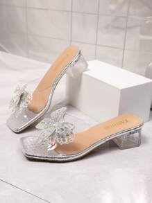 1 par de sandalias tipo slip-on de moda para adolescentes talla grande, con correa de PU de patrón de serpiente plateado, punta cuadrada, tacón grueso transparente de cristal, elegantes y lujosas sandalias de plataforma, aptas para uso casual, fiesta, viaje, primavera/verano