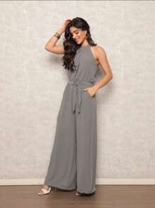 Women's Jumpsuit With Belt And Pocket - Gris - Ver 2