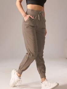 1Pc Women Sports Style Pleated Solid Color Casual Long Pants Tights Spring - Khaki - View 4