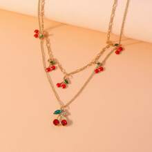 2pcs/Set Countryside Cherry Alloy Necklace, Suitable For Women Everyday Or Festival Wear