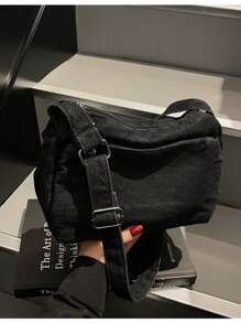 复古帆布包开学季单肩包帆布包大容量健身包斜挎包男女韩版单肩帆布个性文艺牛仔大容量水洗布班包斜挎包 - 黑色 - 查看 4