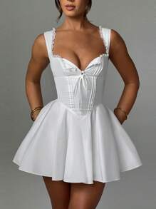 Women's Y2k Mini Corset Dress Deep V Neck Sleeveless Backless Lace Trim Ruffle Hem A-Line Dress Beach Sundress - 白色 - 查看 1