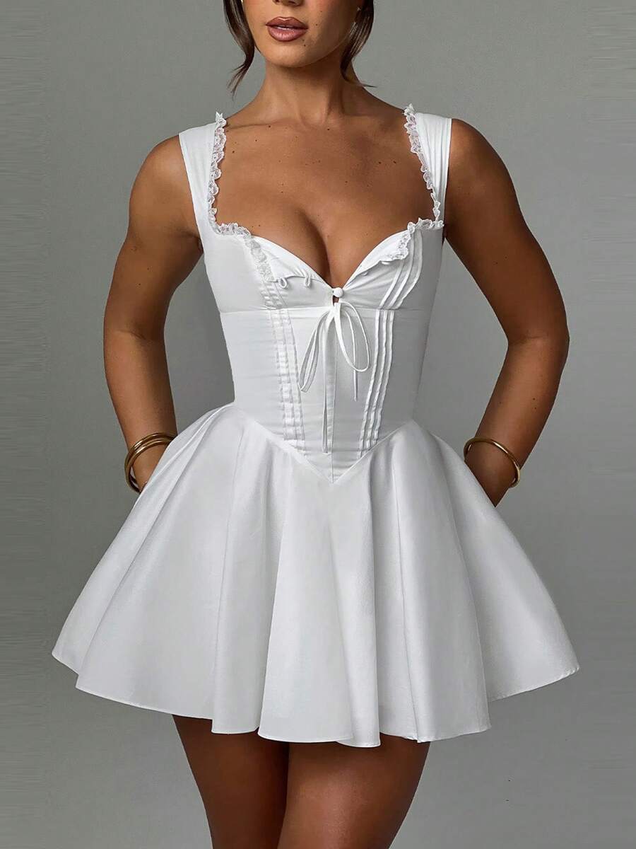 Women's Y2k Mini Corset Dress Deep V Neck Sleeveless Backless Lace Trim Ruffle Hem A-Line Dress Beach Sundress - 白色 - 查看 1