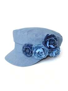 1pc Women's Washed Denim Beret Hat With Flower Embroidery, Fashion Minimalist Artist Hat, Elegant Retro Flat Top Octagonal Cap Suitable For Spring/Summer Outdoor, Shopping