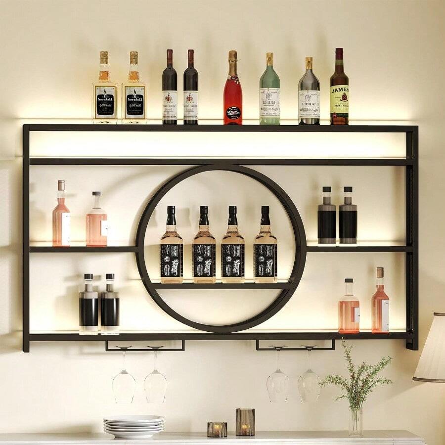 Trintion Modern Metal Wall Mounted Wine Display Rack Hanging Industrial Wall-Mounted Wine Racks Bar Unit Floating Shelves Glass Rack Iron Display Stand For Home Restaurant Bars 55x5.9x31in - as pic - View 1