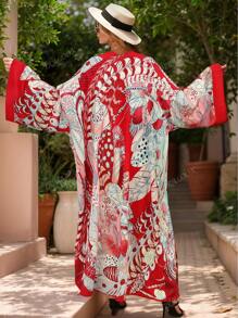 Boho Kimono Women's Plus Long Sleeve Open Front Loose Beach Kimono Cover Up