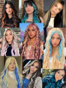 6 件彩色夹式接发，16 英寸长卷发波浪假发，红色、紫色、白色、橙色、蓝色、橙色、灰色、绿色、粉色，合成夹式，适合女孩和女士日常节日派对和圣诞节音乐节狂欢节新年礼物使用 - 彩色 - 查看 3