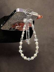 1pc Rhinestone Rhinestone Butterfly Decor Mobile Phone Chain, High Quality Crystal Bead Mix Style Car Key Chain With Transparent Pad Gifts For Mother, Family, Friends, Birthday, Holiday Phone Charm