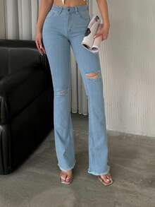 Jeans acampanados de talle alto para mujeres, jeans acampanados rasgados, vestimenta de oficina para mujeres con estilo occidental