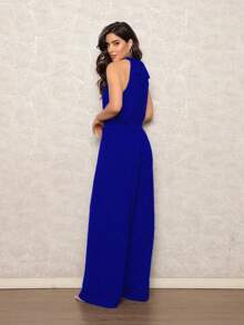 Women's Jumpsuit With Belt And Pocket - 寶藍色 - 查看 3