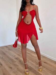 Vestido mini transparente sexy para citas, vacaciones y salidas nocturnas de mujer, con tirantes, malla de unicolor, pliegues, encaje calado y abertura lateral