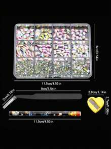 12 Grid Manicures 160 Rhinestones And 1100 Flat Bottom Small Round Diamonds. Different Shapes And Styles Of Mixed Glass Nail Decorations With Some Diamond Pencil Sharpener Sets Can Be Used For Clothing Face Nail DIY Decoration And Use - 彩色 - 查看 12