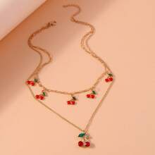 2pcs/Set Countryside Cherry Alloy Necklace, Suitable For Women Everyday Or Festival Wear