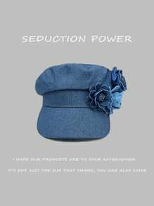 1pc Women's Washed Denim Beret Hat With Flower Embroidery, Fashion Minimalist Artist Hat, Elegant Retro Flat Top Octagonal Cap Suitable For Spring/Summer Outdoor, Shopping