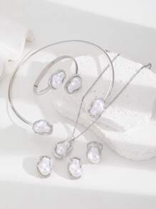 1/6件套欧美风不对称仿珍珠手链、戒指、项链、耳环首饰套装，浪漫优雅女士首饰礼品，适合日常、派对、婚礼等场合。 - 銀色 - 查看 8