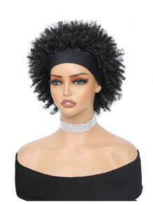 Parrucca con fascia nera con frangia per capelli afro corti sintetici, parrucca con fasce a righe bianche e nere, parrucca nera naturale con fascia attaccata, parrucche riccio crespo di 4 pollici
