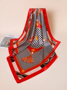 1pc Women's Elegant Simple Houndstooth Print 90cm Satin Square Scarf, Suitable For Casual Wear And Street Styling As Scarf, Headband Or Headwrap