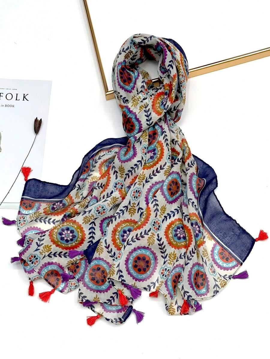 女士简约印花围巾，时尚围巾，新款春夏防晒沙滩披肩，亚麻质感女士披肩 - 彩色 - 查看 1