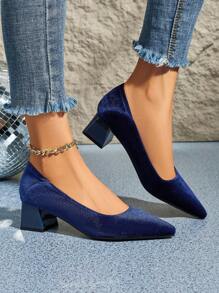 女士高跟鞋，尖头，蓝色绒面革，粗跟，防滑橡胶鞋底，优雅时尚，适合工作和日常休闲穿着 - 藍色 - 查看 2