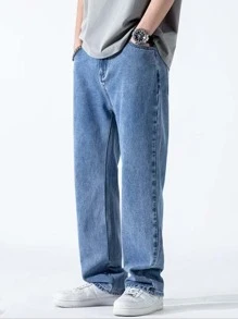 Jeans en denim bleu pour garçons, pantalon casual de style basique lavé pour adolescents, coupe droite, printemps/automne