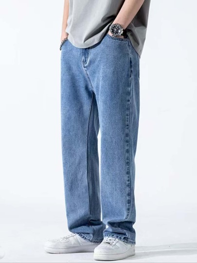 Boys' Blue Denim Jeans, Basic Style Washed Casual Pants For Teenagers, Straight Cut, Spring/Autumn