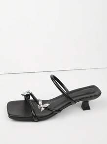 经典时尚新款女士休闲系带闪光蝴蝶和珍珠装饰小猫跟凉鞋 - 黑色 - 查看 10