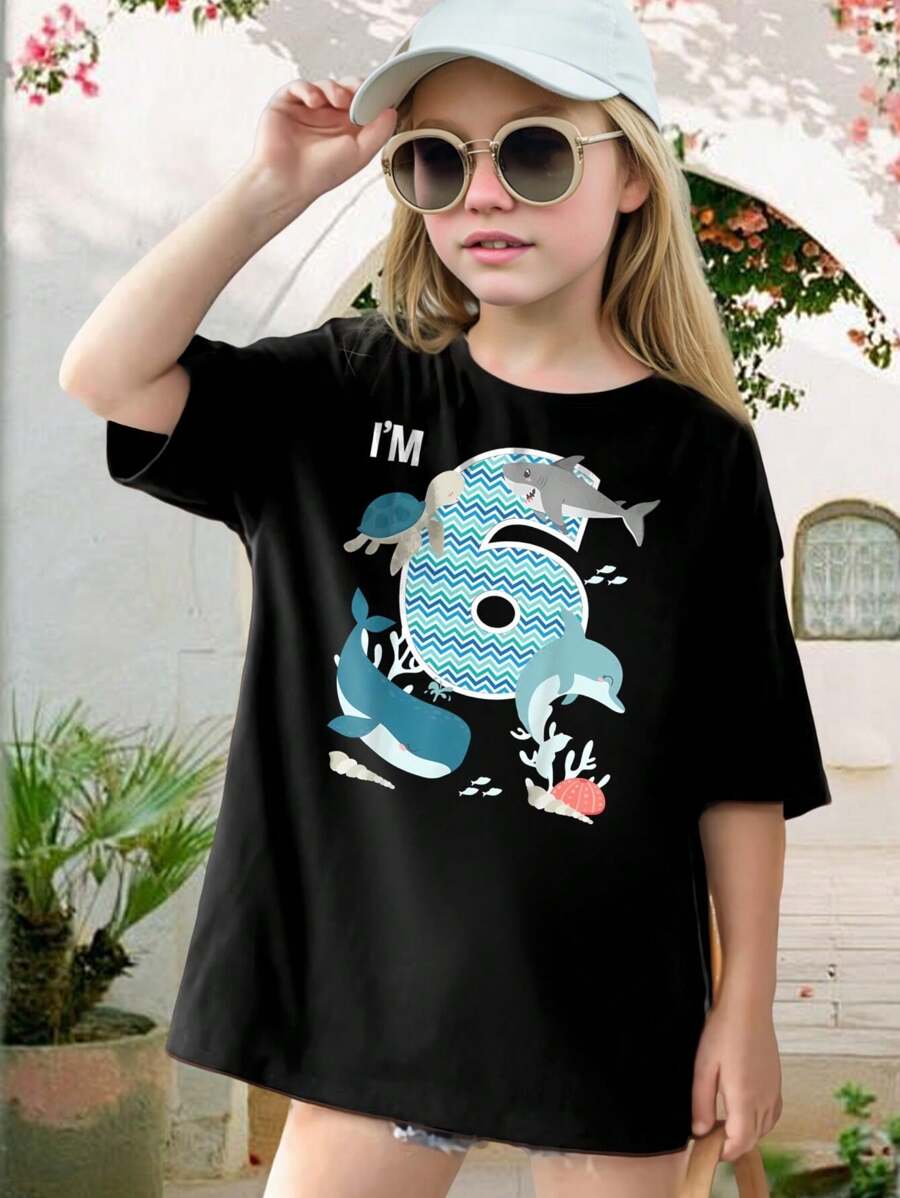 Kids Shark Dolphin Whale T-Shirt - I'm Six Graphic Sea Animal Tee For Boys Girls - Perfect Birthday Gift - Premium Cotton Black - Youth Shirts