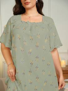 Pijama RS de talla grande para mujer, con estampado de rosas, de gasa con volantes y cuello cuadrado, Camisón, vestido largo para vacaciones