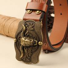 3.7cm Wide Cowboy Style Western Open-Mouth Bull Head Shape PU Leather Belt Buckle, Smooth Buckle With Stamping & Round Hole Design For Men & Women