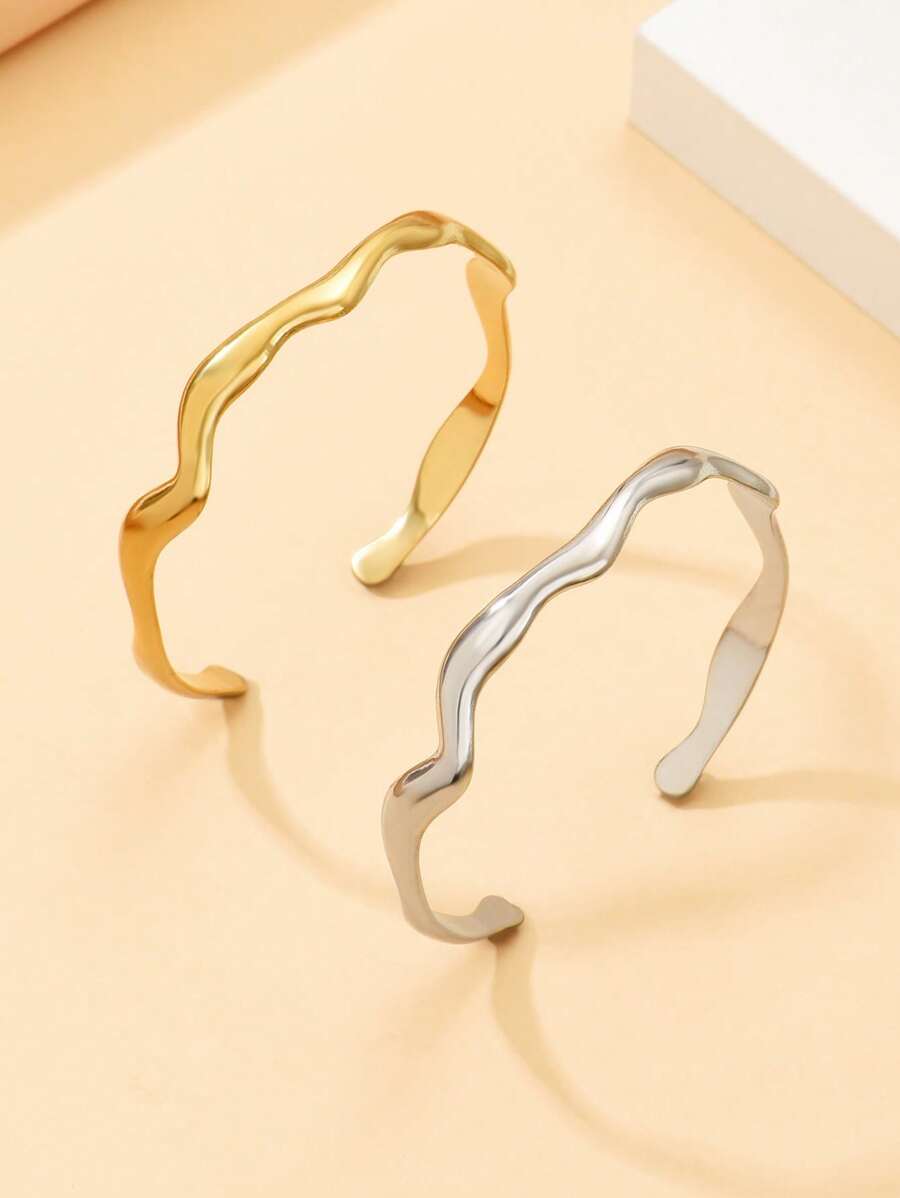 1 件波西米亚风格不锈钢手链，可调节波浪形钛钢袖口手镯装扮配饰，情侣首饰 - 金色 - 查看 1