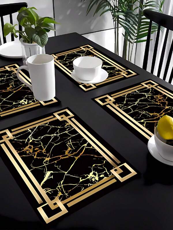 1/2/3/4/5/6pcs Gold Marble Pattern Heat Insulation Placemats, Waterproof Oilproof Stain-Resistant PP Material Black Flower Vase Pads, Gold Hollow Coffee Cup Coasters, Washable, Easy To Clean, Anti-Slip, Heat Resistant, Suitable For Room Decor, Dining Table Decor, Home Decor, Party Decor, Suitable For Holidays, Parties, Gatherings, Birthdays, Weddings, Gifts, Dinners, Outdoor, Picnics