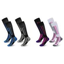 2 双保暖滑雪袜男女冬季保暖足球运动袜寒冷天气厚及膝袜适合滑雪、单板滑雪、户外运动高性能滑雪袜（灰色 + 蓝色/紫色-黑色 + 粉色-白色） - 彩色 - 查看 2