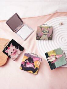 1pc Vintage Millennium Kitten Series Portable Vanity Mirror, Folding Lightweight Ultra Thin Convenient Hand Mirror, PU Leather Case, Stainless Steel Metal Vacuum Plated, Multi-Scene For All People, Folding Square Pocket Mirror