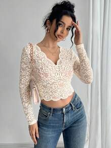 Femmes Top manches longues à imprimé floral, col V en dentelle, couleur unie, printemps/été - Blanc - Voir 1