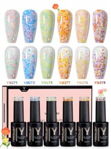 YOKEFELLOW 10ML 亮片凝胶指甲油，不对称五角形圆形彩色亮片春夏花园风格粉色橙色紫色蓝色指甲油可浸泡 UV LED 适用于美甲沙龙 DIY 在家适合女士女孩 2025 新品