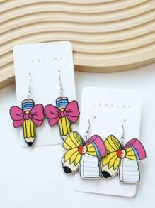 1 Pair Back To School Wood Pencil & Bow Dangle Earrings, Exaggerated Funny Pencil & Book Design, Suitable For Women, Holiday Gift
