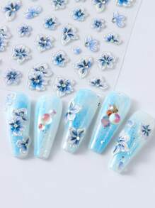 FULL BEAUTY 渐变蓝色软果冻五瓣花 5D 浮雕美甲贴纸，梦幻绽放透明白冰花指甲贴花节日婚礼指甲设计 DIY 指甲用品浮雕饰品装饰 - 彩色 - 查看 5