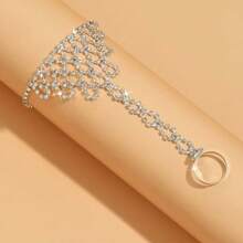 1pc New Fashionable Rhinestone Bracelet Ring Combo, Latin Dance Back Hand Chain, Layering Copper Chain With Diamond Shaped & Bow Charm